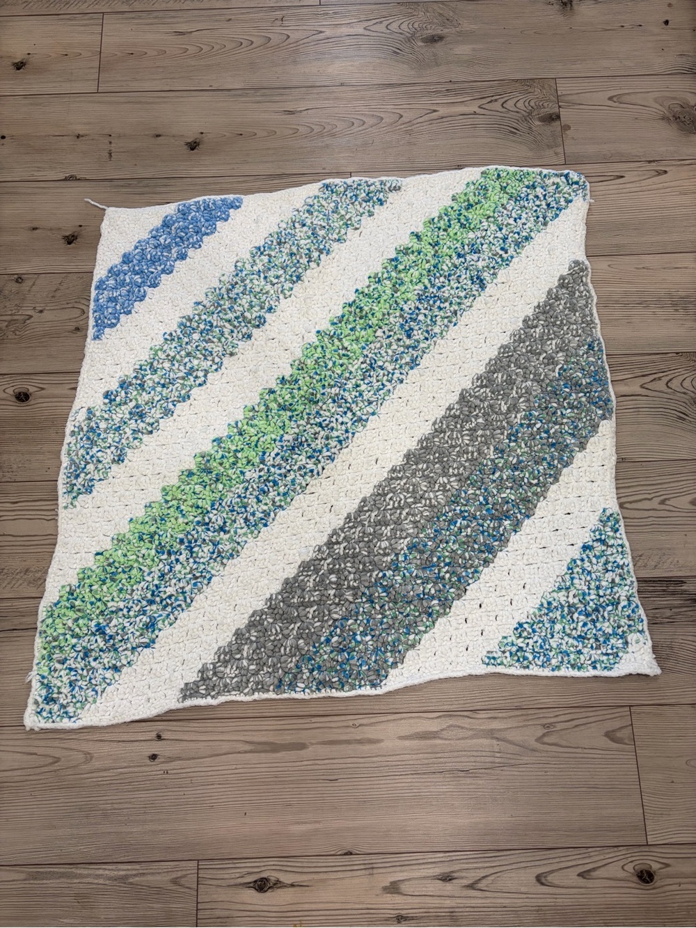Handmade Chunky Knit Baby Blanket 33x33 Blue Green Gray